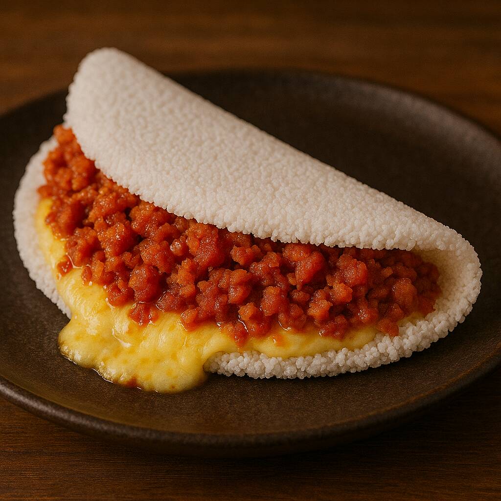 Massa de tapioca com calabresa e mussarela