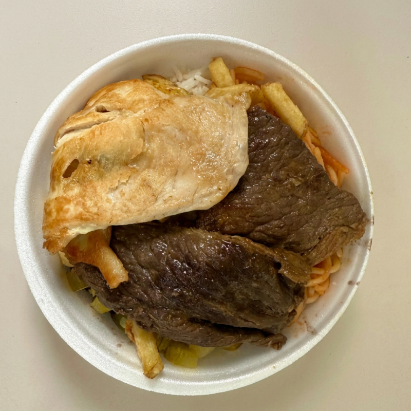 arroz, feijão,macarrão,refogado do dia,batata frita e salada