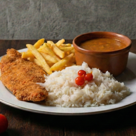 Empanado crocante e dourado, acompanhado de arroz fresquinho, feijão bem temperado e fritas sequinhas ou salada leve e equilibrada.
