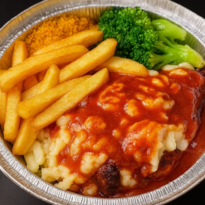 Arroz feijão farofa 1 guarnição do Dia file de frango empanado mussarela molho de tomate