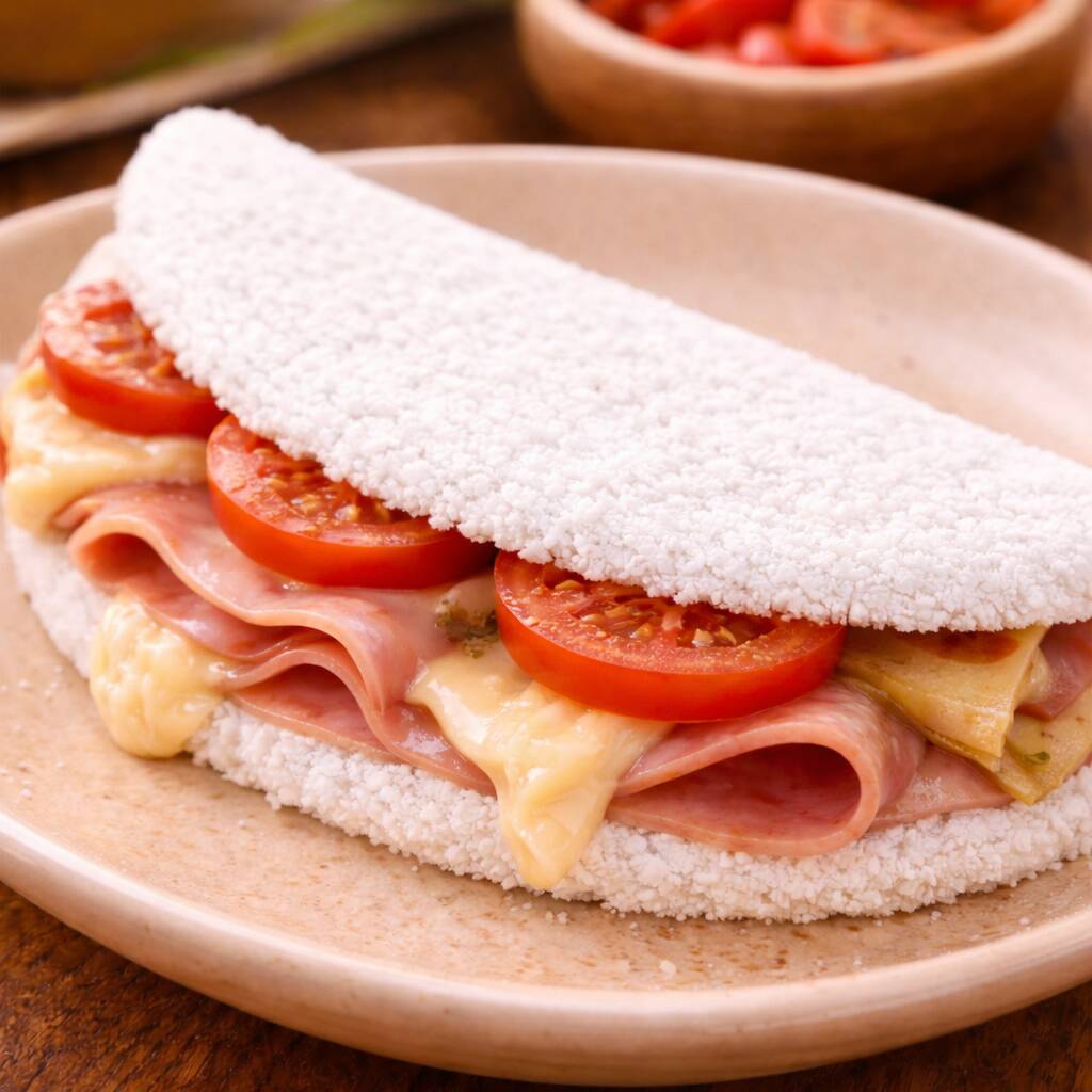 Tapioca quentinha e macia, recheada com presunto, muçarela derretida e tomate fresco, trazendo a combinação clássica do bauru em uma versão leve e saborosa. Perfeita para um lanche completo, prático e cheio de sabor!