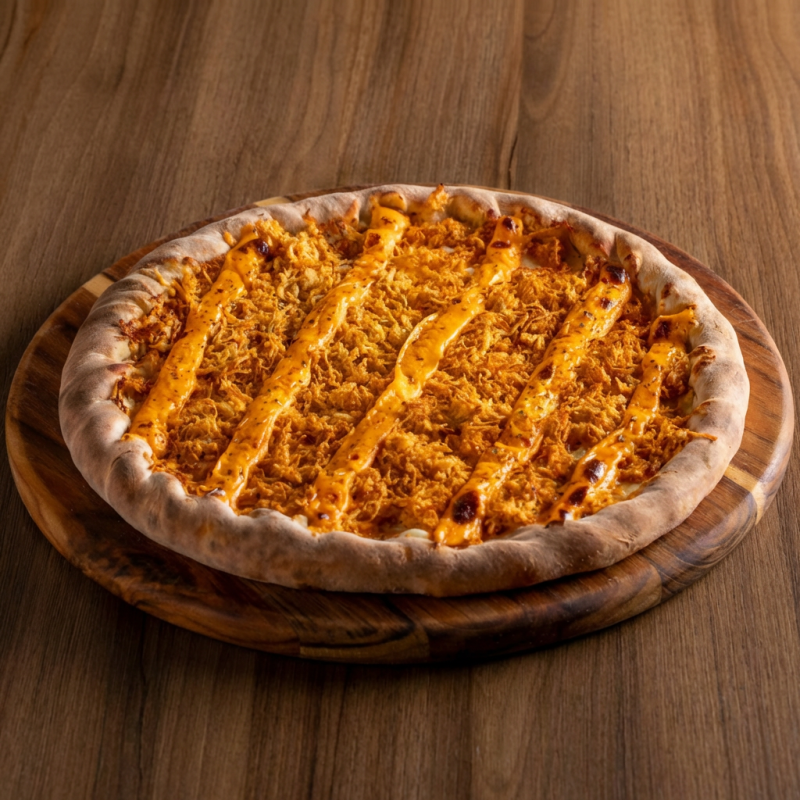 Pizza de Frango com Catupiry: Molho italiano, muçarela, frango desfiado, Catupiry cremoso e orégano. Sabor clássico e irresistível!