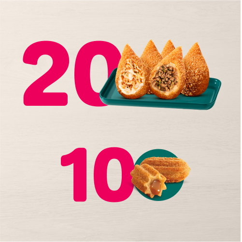 Combo imperdível! 20 Coxinhas Clássicas + 10 minichurros por um preço especial. Aproveite essa delícia agora mesmo e faça a festa com a galera!