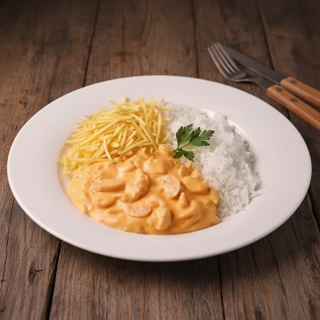 Strogonoff de frango com molho cremoso arroz fresco e batata palha crocante. Aprecie o sabor a cada garfada !!! *imagem ilustrativa*