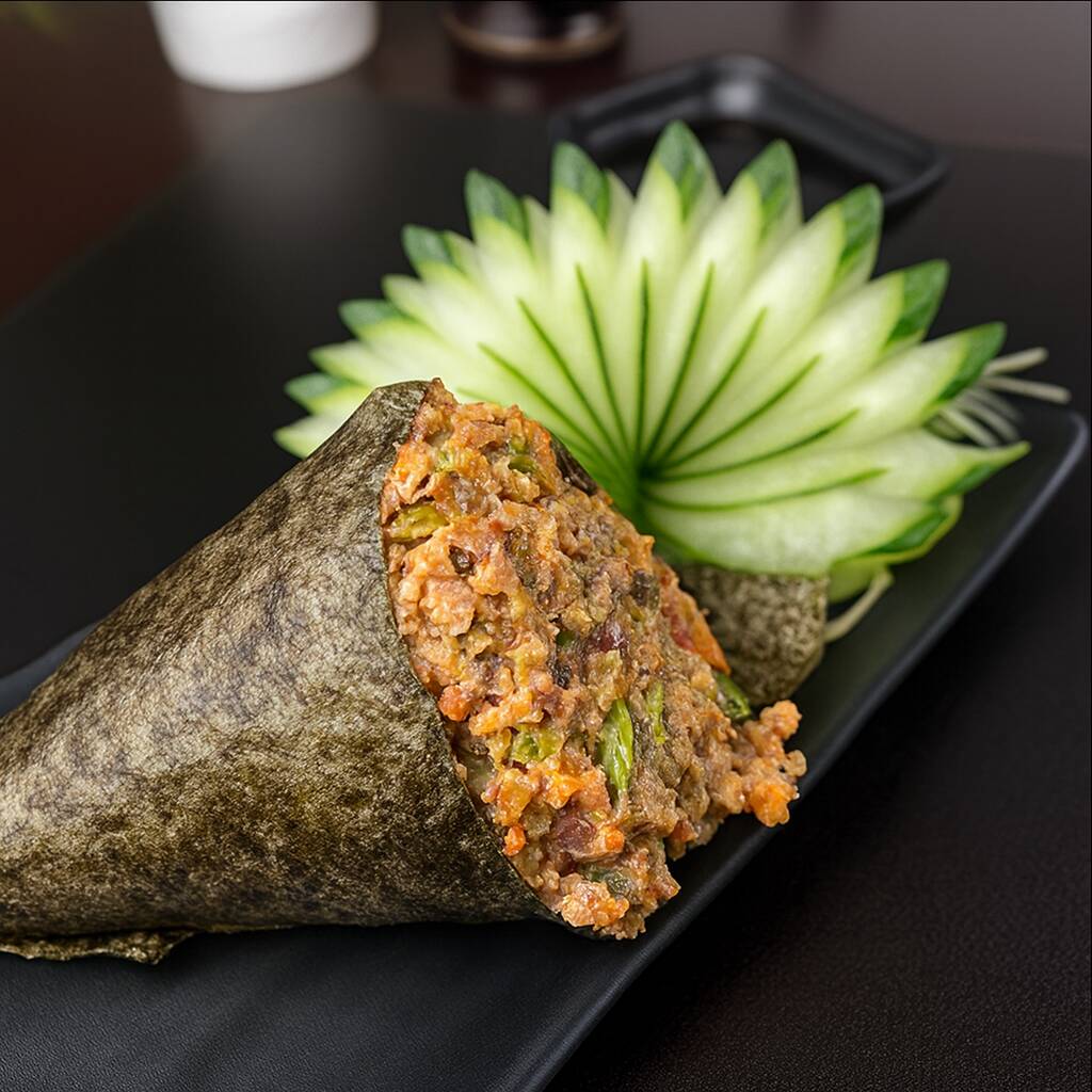 Arroz japonês envolto de alga nori recheado com patê de skin (pele de salmão frita) finalizado com cebolinha.