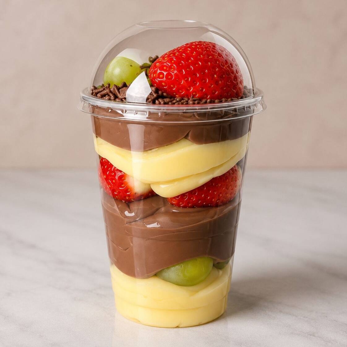 🍓🍇 Copo Fondue Misto super cremoso, feito com camadas intercaladas de brigadeiro de Ninho, brigadeiro 50% cacau, morangos frescos e uvas selecionadas. A combinação perfeita entre o sabor intenso do chocolate, a suavidade do Ninho e o frescor das frutas em cada colherada! ✨🍫