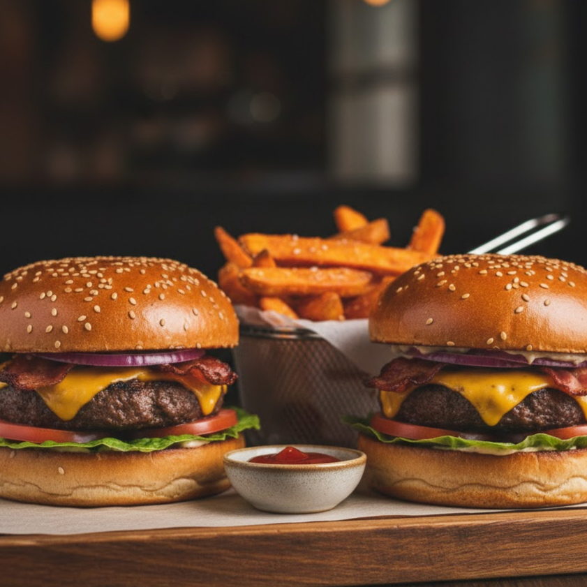 02 Hamburguer, porção de batata frita.