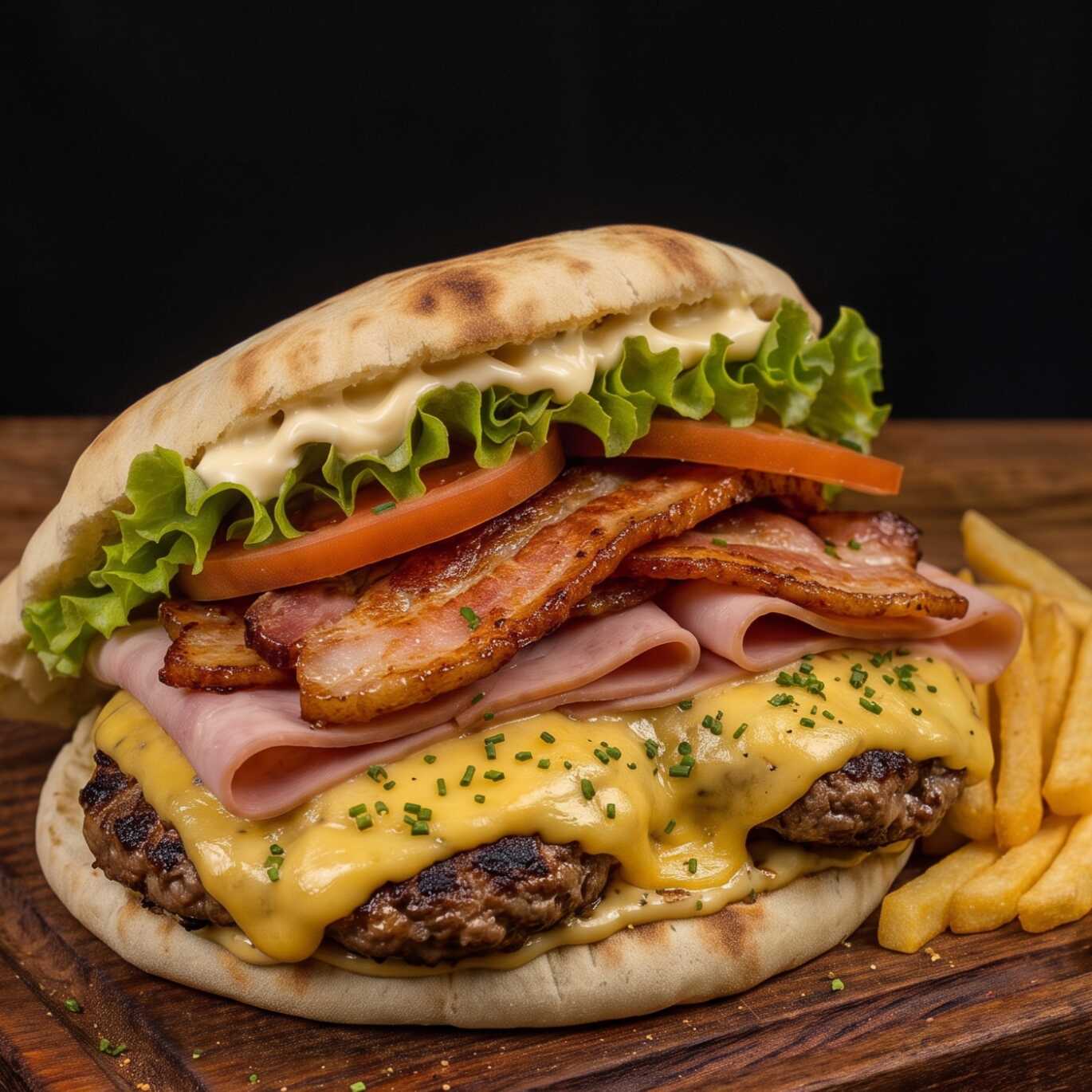 Pão sírio, 2 hambúrgueres, 2 ovos, bacon, queijo, alface, tomate, maionese e fritas.