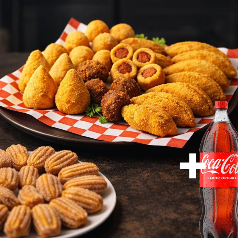 Tô com Fome, Uai!: 50 salgadinhos variados (25g cada), 10 churros recheados (25g cada) e 1 Coca-Cola 2l. Salgados e churros maiores que a média, feitos com ingredientes de qualidade e fritos em gordura vegetal especializada — ficam sequinhos, crocantes e sem gosto forte de óleo. Uma experiência completa, feita com carinho pra você matar a fome com muito sabor!