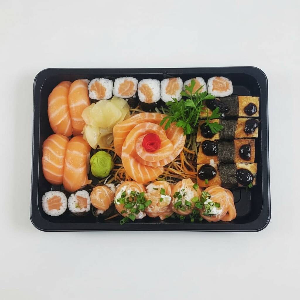 8 Maki de salmão, 4 sushi de salmão, 4 gunkan com tartar de salmao cru, 4 sashimi de salmão, 5 sushi de pele de salmão.