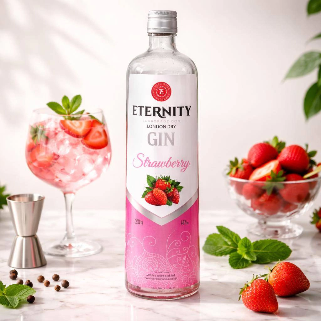 Deliciosa Dose de Gin Eternity Morango, Com Baly de morango e pêssego, Copão de 770ml