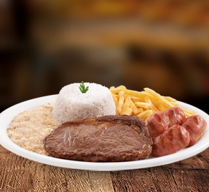 O churrasco completo chegou! 150g (aproximadamente e in natura) de Bife Ancho no seu ponto preferido + 2 linguiças suínas (60g cada) grelhadas. Escolha 3 acompanhamentos e o molho para acompanhar.