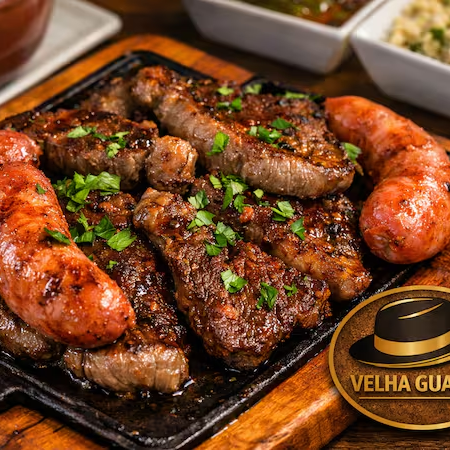 2 bifes de picanha, 2 bifes de ancho, 3 linguiças, arroz, feijão, farofa de ovos, batata frita e molho a campanha.