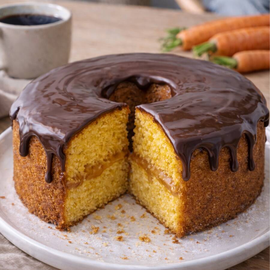Bolo Caseiro De Cenoura Fofinho Com Maravilhosa Cobertura De Chocolate Cacau 32%, Massa Macia e Sabor Que Remete À Casa De Vó. Clássico Da Infância, Irresistível e Cheio De Afeto. Bolo De 22 Cm.