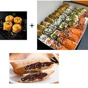 10 hossomaki salmão 10 uramaki de salmão grelhado 10 carioca de camarão 5 jo jo natural 5 niguiri + porção de kani cheese natural 4 unidades. + 2 rolinhos de chocolate