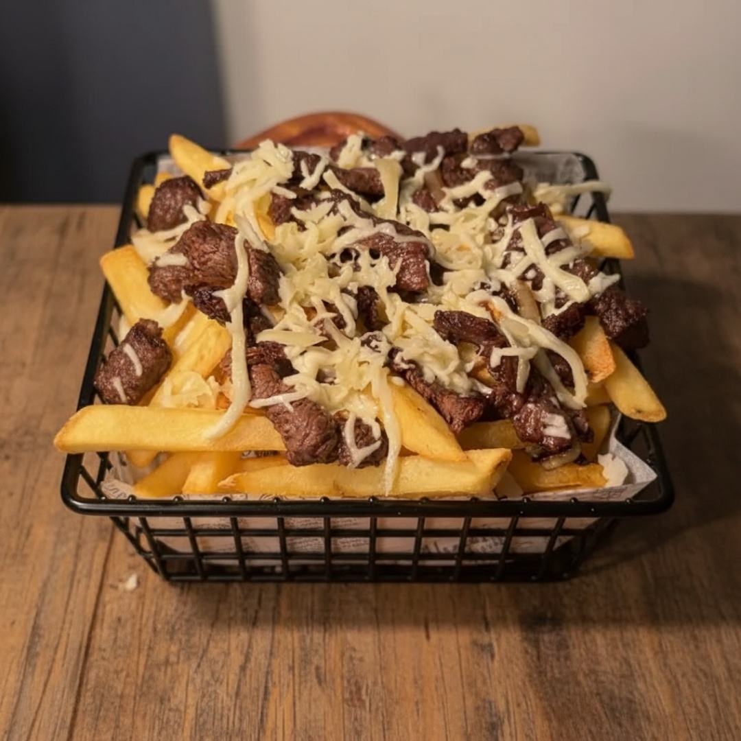 Batata frita,filé de carne e queijo