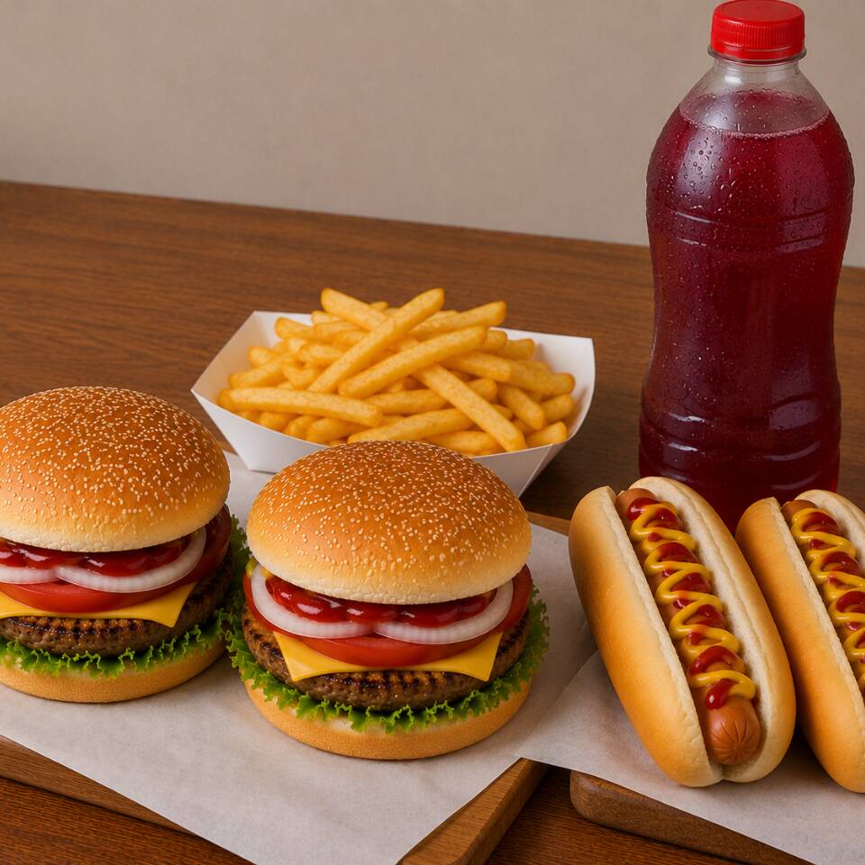 2 Hamburguesas, 2 Hot Dog, Porción Papas y Agua🍔