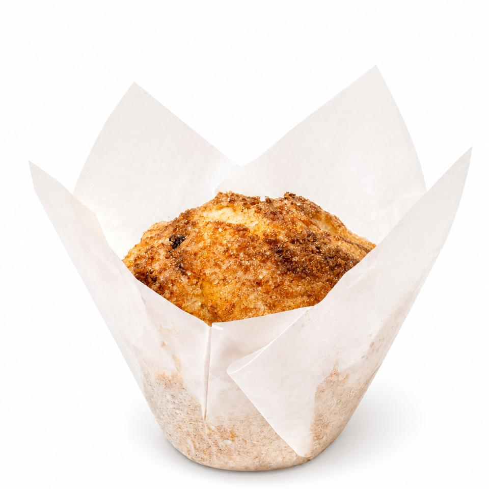 Muffin recheado com pedaços de maçã e coberto com crumble de canela. Para aquecer seu dia. Aprox 90g