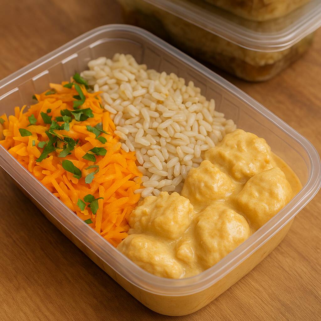 Clássico reinventado: frango leve, molho suave e nutritivo e aquele cheirinho de almoço feito com carinho. Acomapanhado de arroz soltinho e cenoura que traz cor e leveza ao prato. Saudável, ingredientes naturais, sem trigo, sem leite.