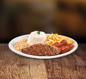 Para começar a semana com chave de ouro! 1 corte de picanha maturada (100g aprox.) grelhada no ponto da sua preferência + 2 linguiças suínas (60g cada aprox.). Escolha 3 acompanhamentos e 1 molho.