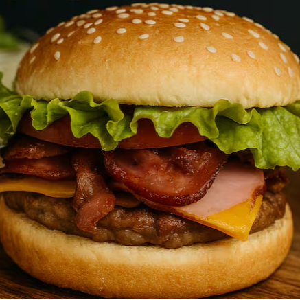 Delicie-se com o sabor supremo do X-Bacon: suculento hambúrguer bovino, camadas generosas de queijo, presunto irresistível, uma chuva de bacon crocante e uma fresca e deliciosa salada. Uma explosão de sabores em cada mordida