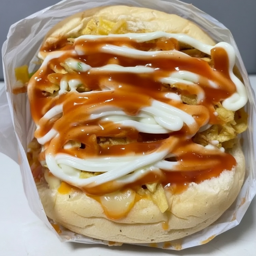 Pão, carne 90g, presunto, mussarela, alface, tomate, ketchup, maionese e maionese temperada