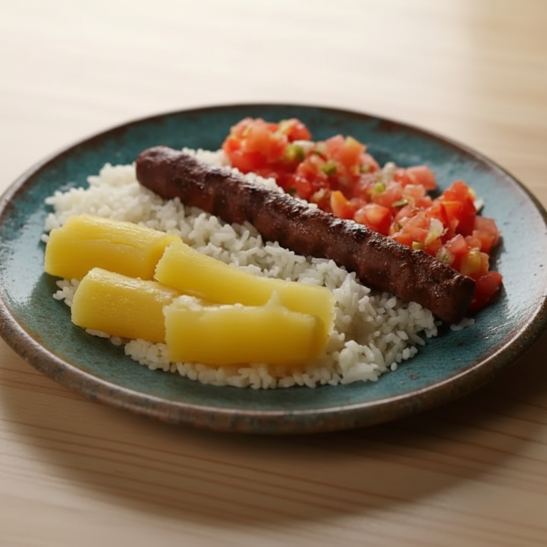 Almoço Delicia para quem ama preparos na brasa. Nosso prato feito é composto de Kafta suculenta e defumada: Acompanhada de Arroz branco, Vinagrete e Farofa, além do acompanhamento a sua escolha.