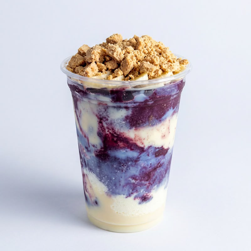 Açaí, leite condensado, leite em pó, banana e paçoca.