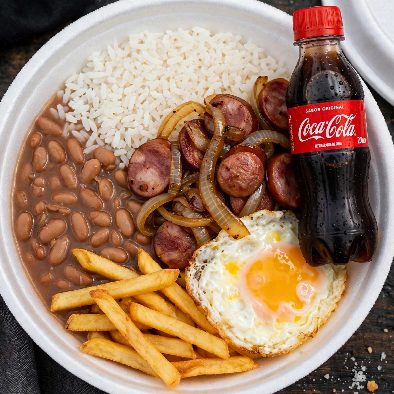 Marmita tamanho M. Composta por arroz branco soltinho, feijão fresco, Calabresa acebolada, ovo frito, batata frita e aquela coca cola 200ml geladinha. Peso aproximado de 550g a 700g