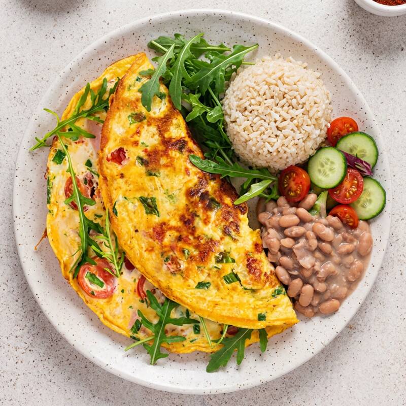 Omelete arroz integral feijão carioca e legumes fresco