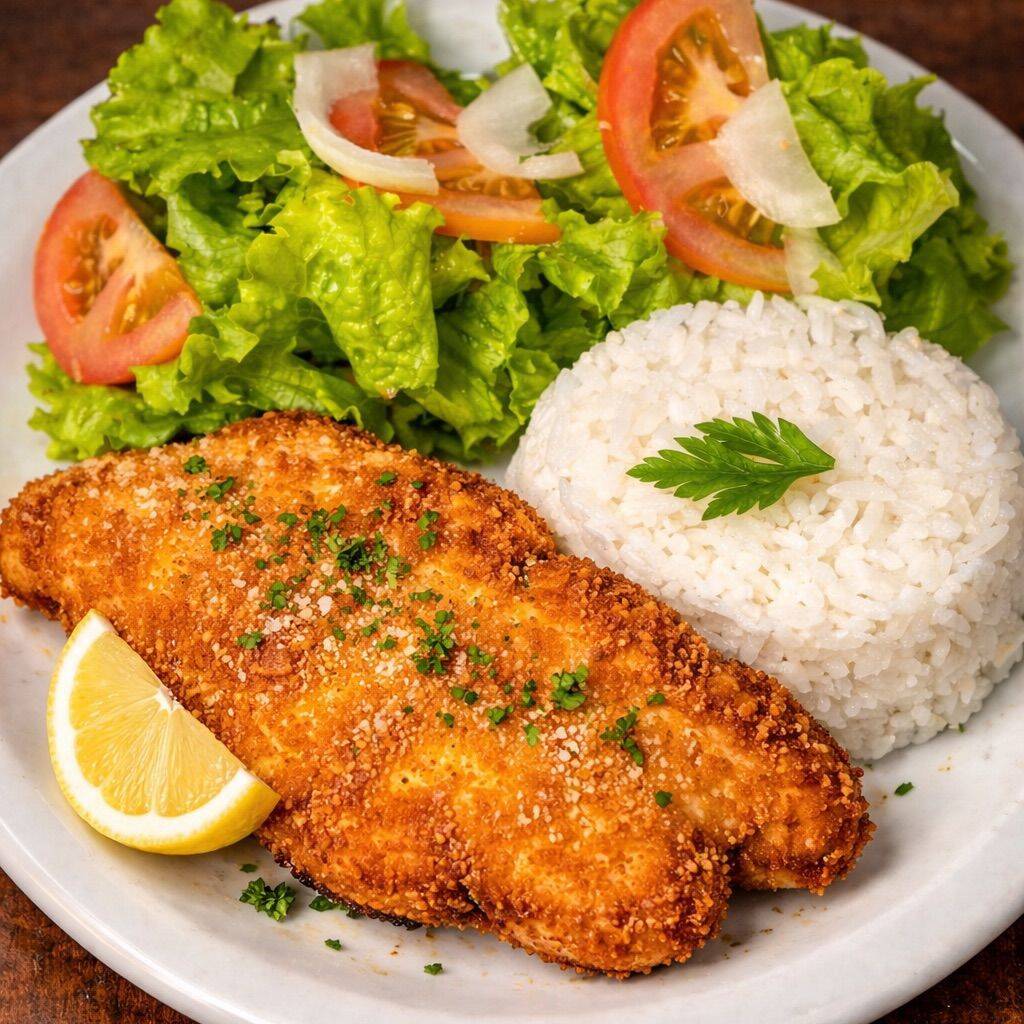 Filé de Frango Empanado Crocante e Dourado, Preparado Na Hora , Acompanhado De Arroz Branco Soltinho, Feijão, Farofa e Salada Fresca Com Alface e Tomate . Uma opção Leve e Equilibrada e Perfeita Para O Seu Almoço.