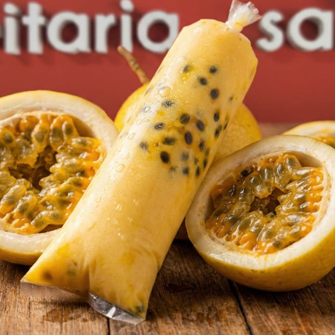 Tipo mousse gelado. O equilíbrio perfeito entre o docinho e o azedinho da fruta. Refrescância pura.