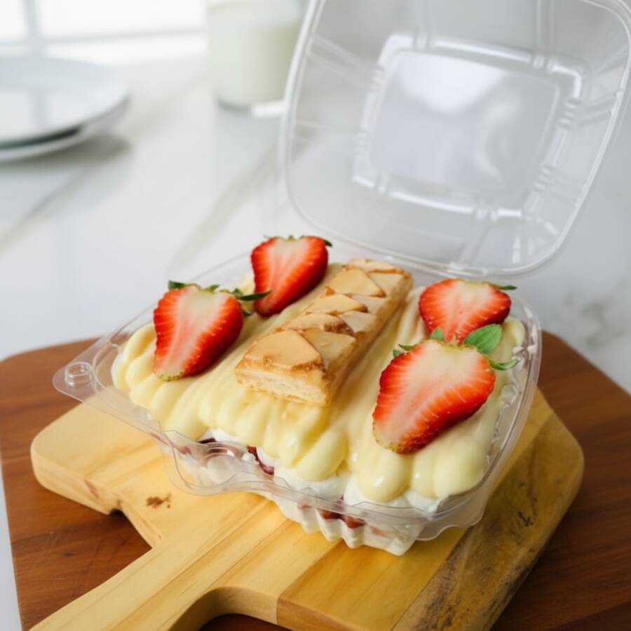 Creme de Ninho, bolacha de massa folhada, morangos picados, geleia de morango e creme 4 leites