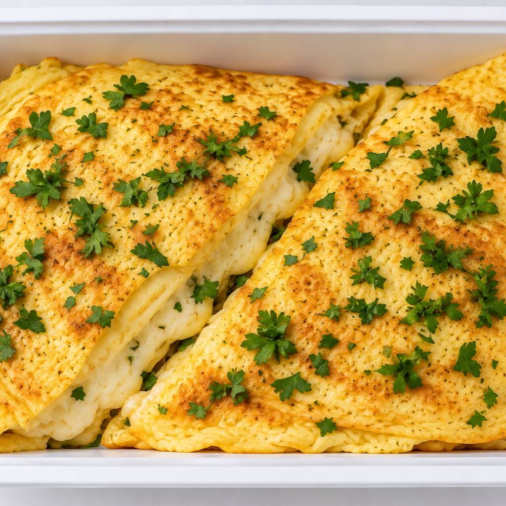 3 ovos preparados em omelete, recheados com 50 g de queijo mussarela. Uma opção simples, saborosa e rica em proteína, perfeita para uma refeição prática e equilibrada. ≈360 kcal | ≈30 g de proteína.