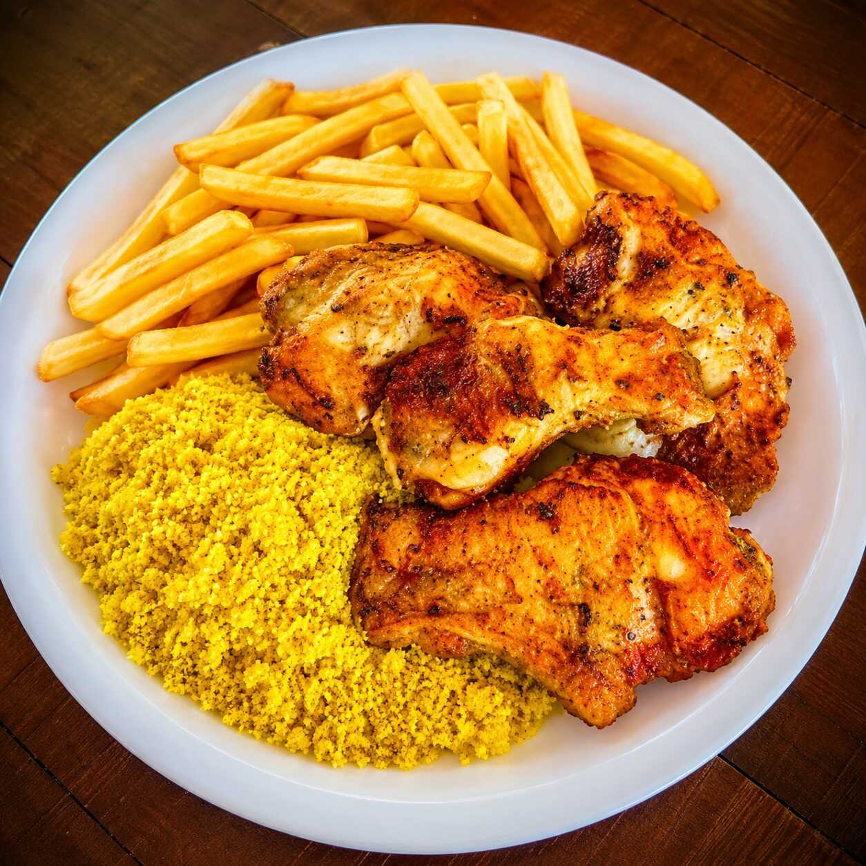 franguinho na brasa com arroz feijão fritas farofa.