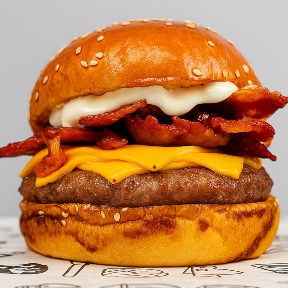 Pão brioche, blend, queijo de sua preferencia, bacon e maionese.