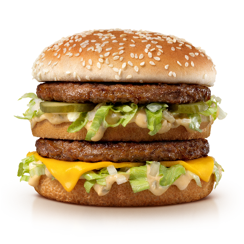 Dois hambúrgueres (100% carne bovina), alface americana, queijo cheddar, maionese Big Mac, cebola, picles e pão com gergelim.