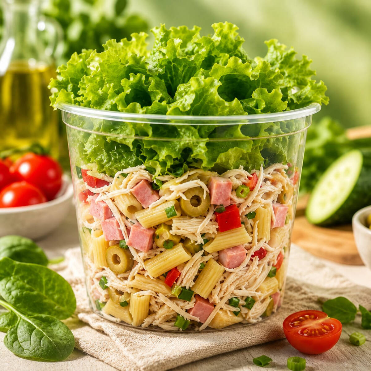 Uma deliciosa salada de Macarrão com frango desfiado, presunto, azeitona verde fatiada, tomate cereja, cebolinha e mix de folhas.