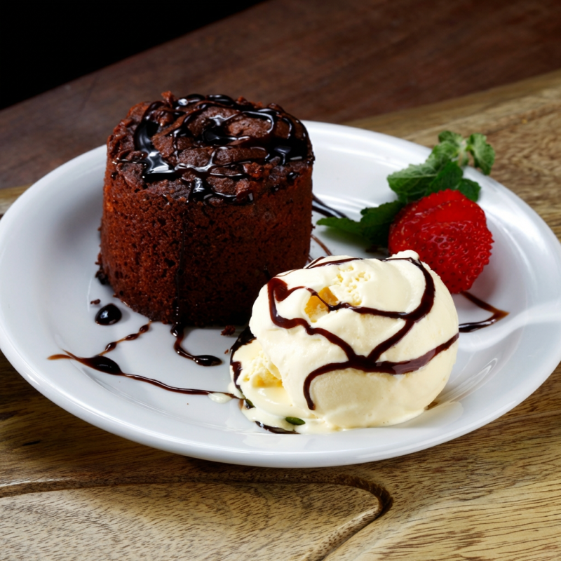 Acompanha bolinho petit gateau + sorvete + calda a escolher + fruta a escolha do cliente