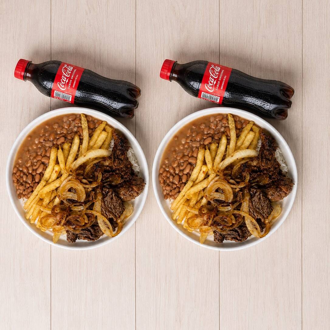 Prato acompanha: 2 Marmita de Contra filé 2 Refrigerante 200ml "Refrigerante disponivel na loja" ( Coca cola, Fanta ou Guarana) Arroz branco soltinho Feijão Porção de Contra filé acebolado Batata frita Tamanho 500ml