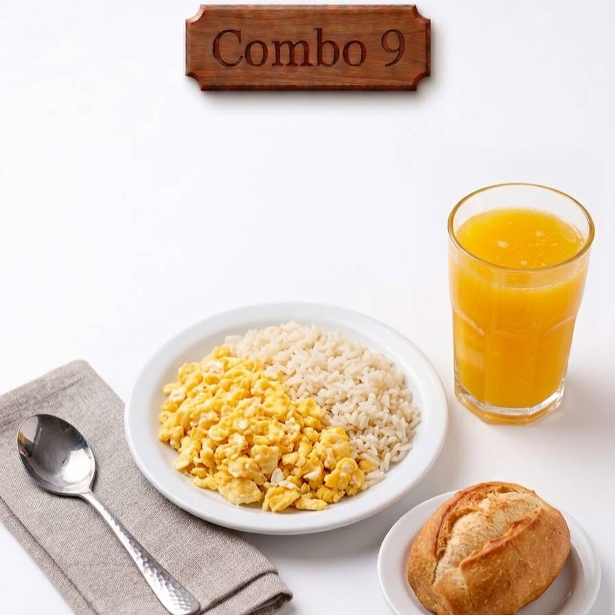 Huevos arroz jugo pan