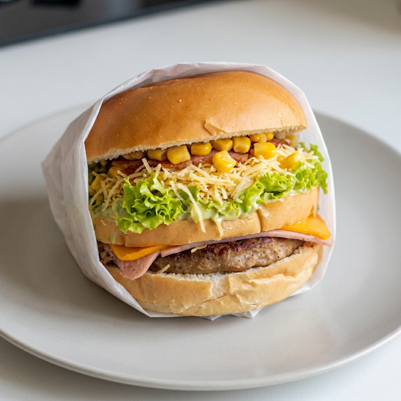 Pão,2hamburguer de boi,2 hambúrguer de frango,2ovos,bacon,queijo,presunto, Catupiry,milho,batata,salada e molho especial