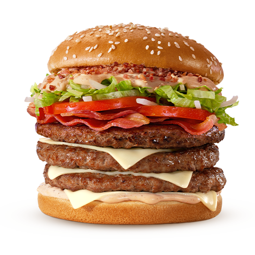 Composto por três hambúrgueres de carne 100% bovina, o icônico molho tasty, uma combinação especial de bacon crispy e fatias de Bacon, queijo processado sabor emental, tomate, alface, cebola, tudo isso no pão com gergelim.