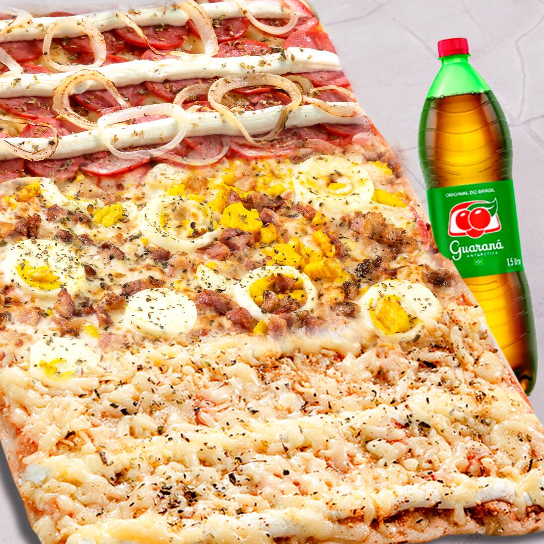 Pizza Grande (38cm X 25cm) com três sabores irresistíveis: calabresa c/ requeijão — Molho de tomate da casa, queijo mussarela derretido, deliciosa calabresa Frimesa fatiada,  Catupiry, cebola fresquinha e um toque de orégano; três queijos — molho de tomate da casa, Catupiry, queijo mussarela derretido, parmesão saboroso e um toque de orégano; e bacon com ovos — molho de tomate da casa, queijo mussarela derretido, ovos cozidos no ponto certo e bacon extra crocante da Santa Maria e um toque de orégano.