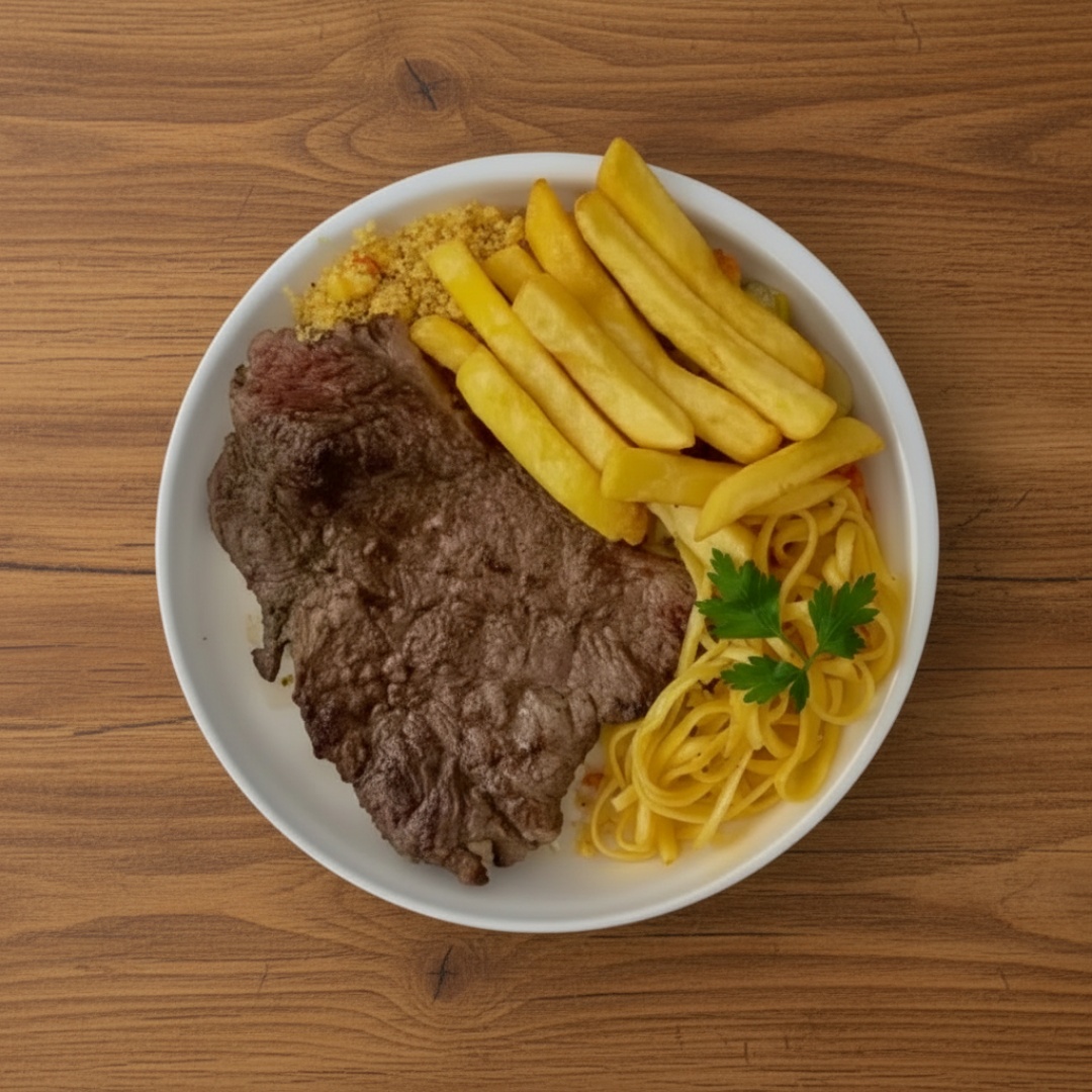 Acompanha: Arroz branco, feijão, massa alho e oleo,legumes, farofa, batata frita e bife grelhado.