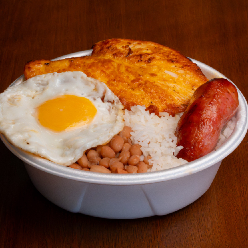 Filé de Frango feito na chapa, Linguiça assada na brasa, Ovo frito, Arroz soltinho, Feijão bem temperado e Fritas (550g)