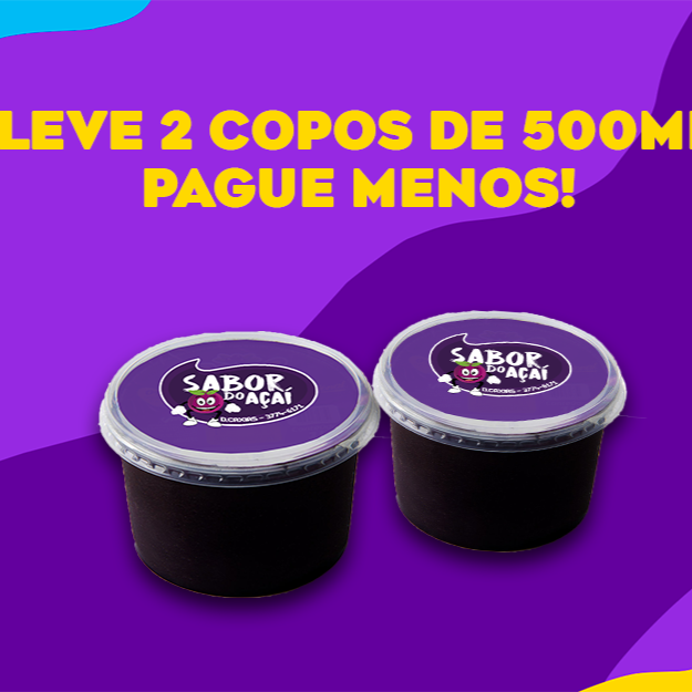 São Dois potes de 1 litro com 5 complementos e 2 calda em cada. Açaí no volume máximo pra quem quer matar a vontade sem dó! Aproveite essa explosão de sabor em dobro!