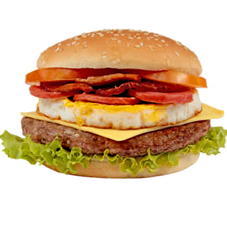 Pão, carne, ovo, calabresa, queijo, presunto, salada, batata palha e molhos