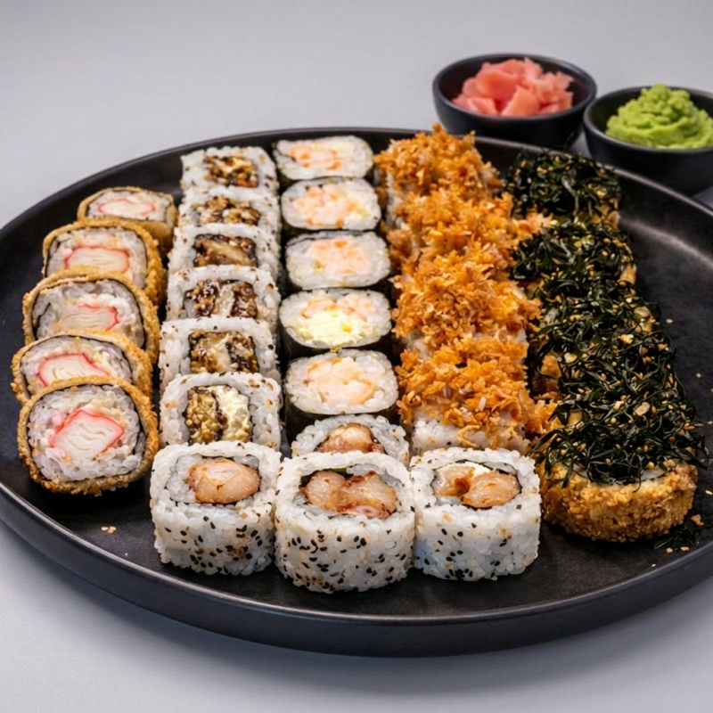 30 Peças.
05 carioca de kani, 05 ura skin ,05 tempura roll, 05 ebi maki com cheese, 05 ura pasta salmão c/casquinha de camarão, 05 carioca de couve.
Não realizamos trocas!