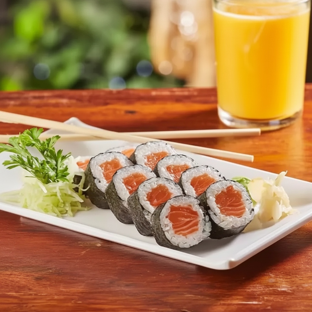 Roll de salmão, arroz e alga por fora.